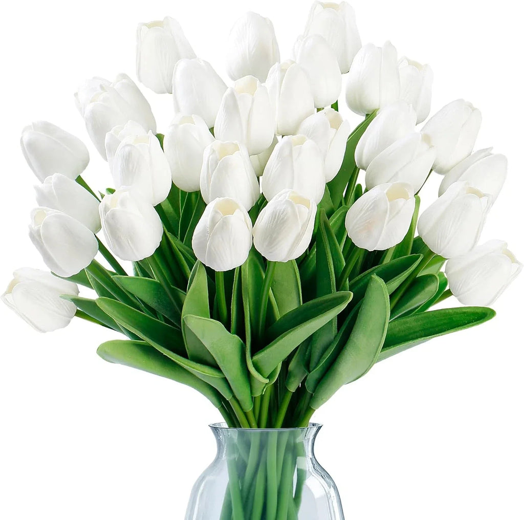 15 Pcs Fake Tulips Artificial Flowers Real Touch PU Faux Flowers Tulip - White