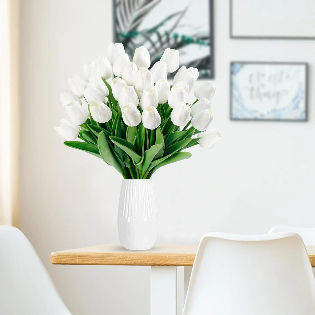 15 Pcs Fake Tulips Artificial Flowers Real Touch PU Faux Flowers Tulip - White