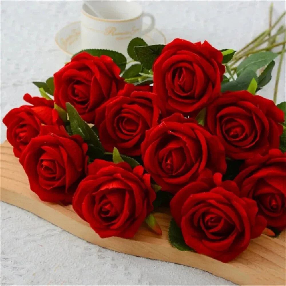 20Pcs Red Silk Roses Artificial Flowers Realistic Bouquet Home Decor Wedding