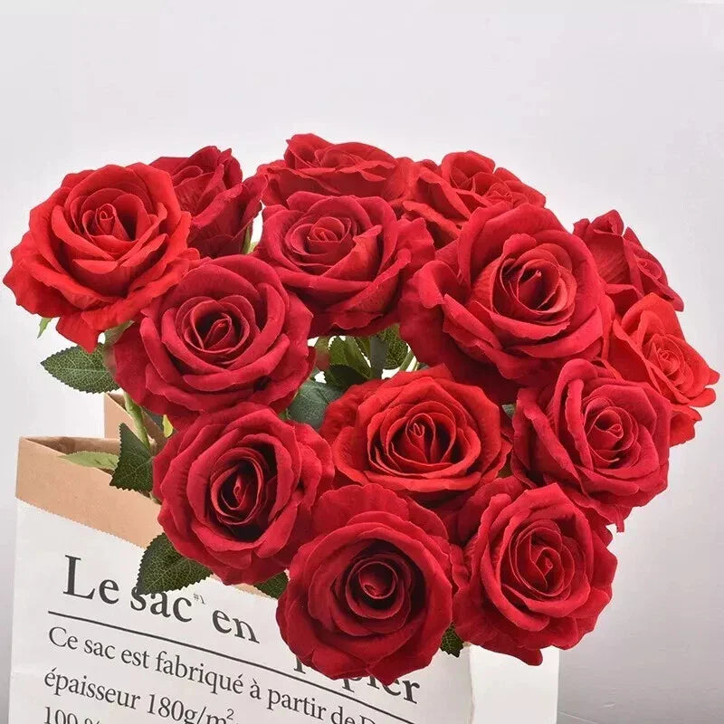 20Pcs Red Silk Roses Artificial Flowers Realistic Bouquet Home Decor Wedding